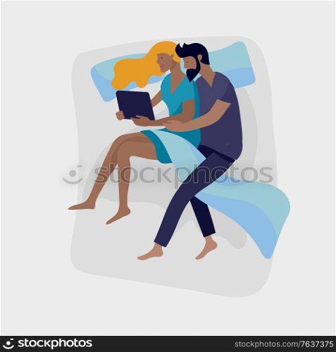 Sleeping people character. Family or lovers are sleep in bed together in various poses, different postures during night slumber. Top view. Colorful vector illustration. Collection of sleeping people character. Family with child are sleep in bed together and alone in various poses, different postures during