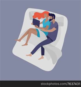Sleeping people character. Family or lovers are sleep in bed together in various poses, different postures during night slumber. Top view. Colorful vector illustration. Collection of sleeping people character. Family with child are sleep in bed together and alone in various poses, different postures during