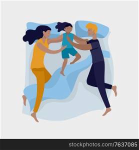 Sleeping people character. Family with child are sleep in bed together and alone in various poses, different postures during night slumber. Top view. Colorful vector illustration. Collection of sleeping people character. Family with child are sleep in bed together and alone in various poses, different postures during