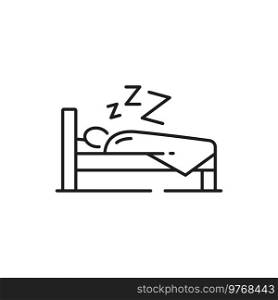 Sleeping person in bed, time to sleep isolated outline icon. Vector man sleeps under blanket, sleeping shelter, hotel or motel symbol. Bedroom or room for sleep, insomnia disorder, sleepless dreamtime. Bedding, time to sleep, person in bed, zzz sign