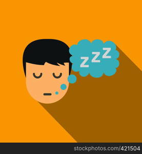 Sleeping person with thought bubble of z icon. Flat illustration of sleeping person with thought bubble of z vector icon for web isolated on yellow background. Sleeping person with thought bubble of z icon