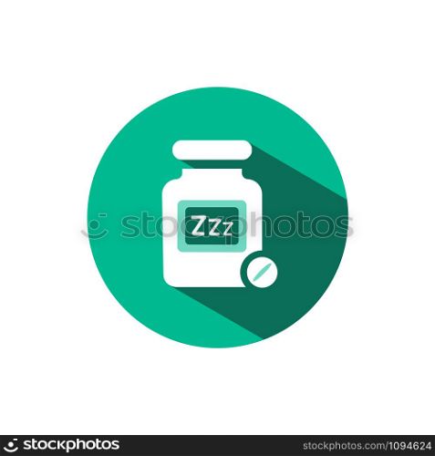 Sleeping pills icon with shadow on a green circle. Flat color vector pharmacy illustration