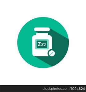 Sleeping pills icon with shadow on a green circle. Flat color vector pharmacy illustration