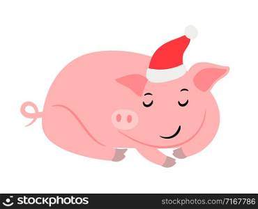 Sleeping pink New year pig in santa hat, vector illustration. Sleeping pink New year pig