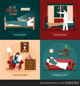 Sleeping Poses 2x2 Design Concept. Sleeping poses design concept with sleepwalking sleep in chair overnight guest and film at night 2x2 compositions flat vector illustration