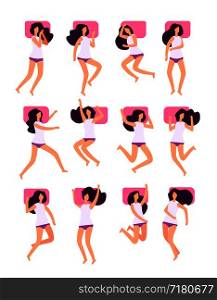 Sleeping poses. Woman sleeps in different postures with pillow. Female slumber lying in bed vector set. Illustration of woman rest position, pose sleep. Sleeping poses. Woman sleeps in different postures with pillow. Female slumber lying in bed vector set