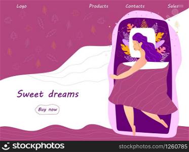 Sleeping pretty woman is in her bed under blanket at night. Sweet dreams concept with floral, leaves background vector illustration in trendy cartoon style. Relaxation, calm sleeping pose in bedroom.. Sleeping pretty woman is in her bed under blanket at night. Sweet dreams concept with floral, leaves background vector illustration in trendy cartoon style. Relaxation, calm sleeping pose