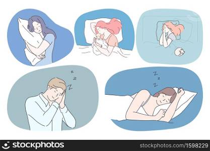 Sleeping, relaxation and comfortable rest concept. Young women and man alone or with child napping and sleeping in different poses in beds with pillows under blankets vector illustration. Sleeping, relaxation and comfortable rest concept