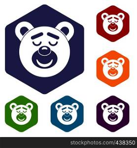 Sleeping teddy bear icons set hexagon isolated vector illustration. Sleeping teddy bear icons set hexagon