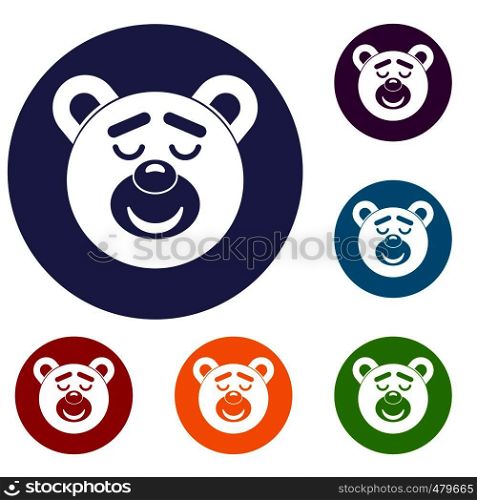 Sleeping teddy bear icons set in flat circle red, blue and green color for web. Sleeping teddy bear icons set