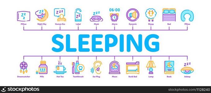 Sleeping Time Devices Minimal Infographic Web Banner Vector. Sleeping Human Silhouette, Pillow And Bed, Clock And Book, Moon And Cup Of Tea Concept Illustrations. Sleeping Time Devices Minimal Infographic Banner Vector