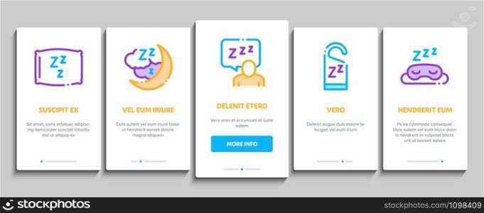 Sleeping Time Devices Onboarding Mobile App Page Screen. Sleeping Human Silhouette, Pillow And Bed, Clock And Book, Moon And Cup Of Tea Concept Illustrations. Sleeping Time Devices Onboarding Elements Icons Set Vector