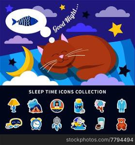 Sleeping time flat icons collection with night dreaming red cat banner bedroom decorations stickers isolated vector illustration . Sleeping Time Flat Icons Collection 