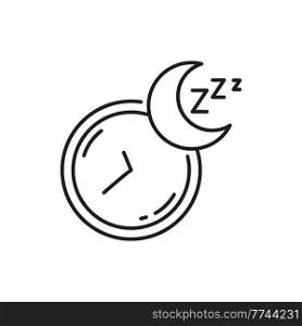 Sleeping time outline icon, healthy lifestyle exercise thin line sign. Healthy sleep and resting thin line pictogram, lack of sleep and insomnia problem outline symbol with clock and moon. Sleeping time outline icon, healthy lifestyle sign
