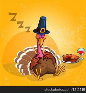 Sleeping turkey after good meal with pie and glass of red vine. Thanksgiving illustration of cartoon turkey isolated on orange background