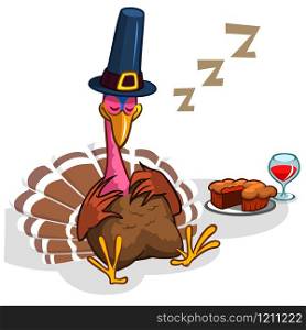 Sleeping turkey after good meal with pie and glass of red vine. Thanksgiving illustration of cartoon turkey isolated on white background