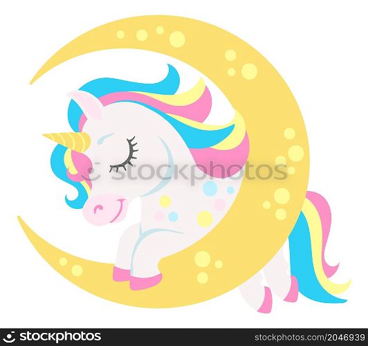 Sleeping unicorn hug crescent. Dream horse holding big moon isolated on white background. Sleeping unicorn hug crescent. Dream horse holding big moon