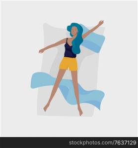 Sleeping woman character. Girl are sleep in bed alone in relax pose. Top view. Colorful vector illustration. Sleeping woman character. Girl are sleep in bed alone in relax pose. Top view. Colorful vector