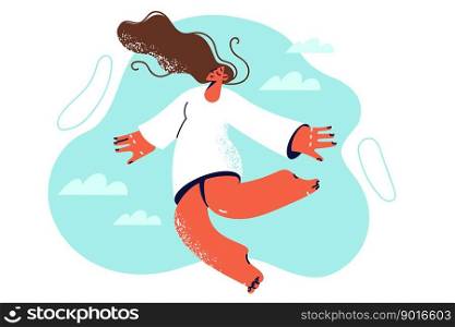 Sleeping woman flies in dream when she sees carefree dreams about happy future or beloved family. Girl with closed eyes soars among clouds enjoying sound sleep after hard working week . Sleeping woman flies in dream when she sees carefree dreams about happy future or beloved family