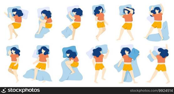 Sleeping woman. Girl sleep position, female character healthy night sleep, woman sleeping in bed alone. Night dream position vector illustration set. Relaxed body postures top view. Sleeping woman. Girl sleep position, female character healthy night sleep, woman sleeping in bed alone. Night dream position vector illustration set