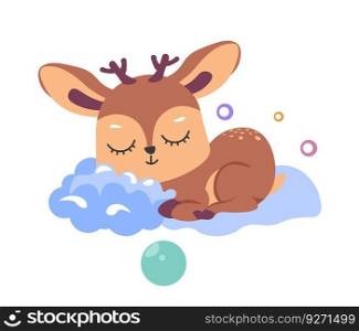 Sleeping woodland deer animal character, isolated resting personage with sleepy muzzle. Cute mammal on soft fluffy clouds, sweet dreams and relax. Nursery or children theme. Vector in flat style. Sleepy deer animal character on fluffy clouds