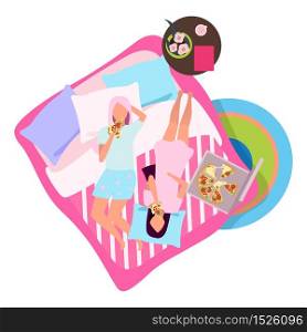 Sleepover party with pizza flat illustration. Girlfriends in pajamas on bed cartoon characters. Best girl friends spending time together, meeting. Female friendship concept. Young women slumber party