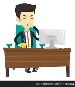 Sleepy businessman holding cup of coffee and yawning while working in office. Exhausted businessman yawning and drinking coffee at work. Vector flat design illustration isolated on white background.. Tired employee yawning in office.