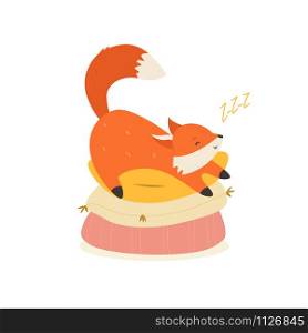 Sleepy cute fox yawning on pillows. Vector illustration. Animal character design. Sleepy cute fox on pillows. Vector illustration