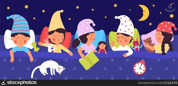 Sleepy kids. Night dreams, children sleep in bed with toys. Big family, cute sisters and brothers bedtime. Cartoon toddlers together decent vector scene. Dream kid, sleep child in bedroom illustration. Sleepy kids. Night dreams, children sleep in bed with toys. Big family, cute sisters and brothers bedtime. Cartoon toddlers together decent vector scene