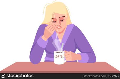 Sleepy lady with coffee semi flat RGB color vector illustration. Stressed caucasian woman isolated cartoon character on white background. Exhaustion, emotional fatigue, lack of energy. Sleepy lady with coffee semi flat RGB color vector illustration