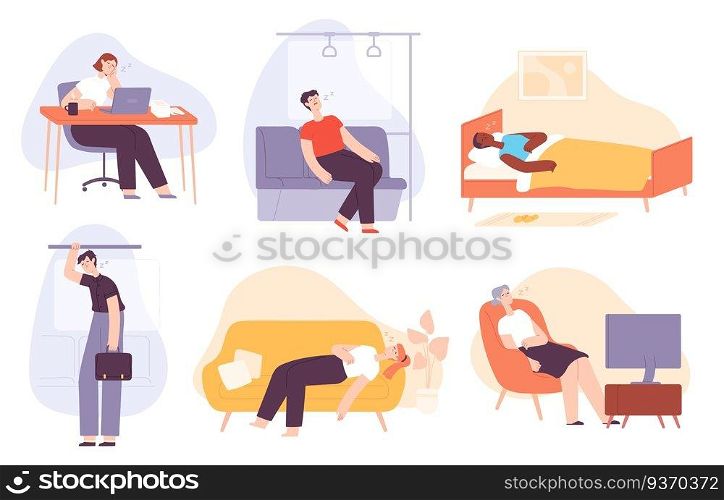 Sleepy people. Tired, lazy and sleeping man and woman at home, in bed, in transport, office worker. Bored and burnout adults flat vector set. Male and female characters going to work, watching TV. Sleepy people. Tired, lazy and sleeping man and woman at home, in bed, in transport, office worker. Bored and burnout adults flat vector set