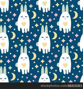 Sleepy rabbits seamless pattern on night starry sky background. Perfect childish print for T-shirt, textile, fabric, poster, stationery. Hand drawn vector illustration for decor and design.