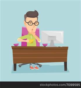 Sleepy tired businessman holding cup of coffee and yawning while working in office. Exhausted businessman yawning and drinking coffee at work in office. Vector flat design illustration. Square layout.. Tired employee yawning in office.