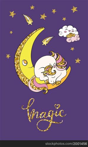 Sleepy unicorn on the moon with stars and comets. Vector color isolated ilustration with gold. For sticker, design, decoration, print, baby shower, t-shirt, dishes and kids apparel. Sleepy unicorn on the moon vector illustration golden