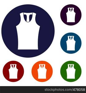 Sleeveless shirt icons set in flat circle red, blue and green color for web. Sleeveless shirt icons set