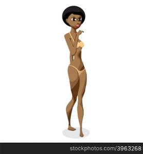Slender afro black woman dressed in yellow swimsuit is standing. Isolated flat design illustration. The comic tall afro woman on the beach in yellow bikini