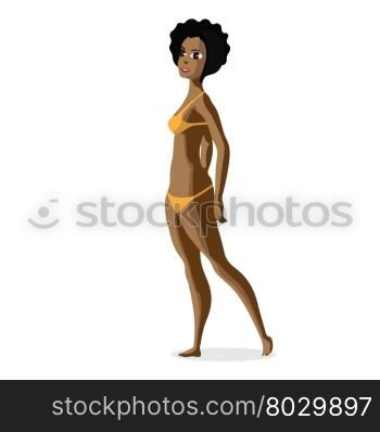 Slender afro black woman dressed in yellow swimsuit is standing. Isolated flat design illustration. The comic tall afro woman on the beach in yellow bikini
