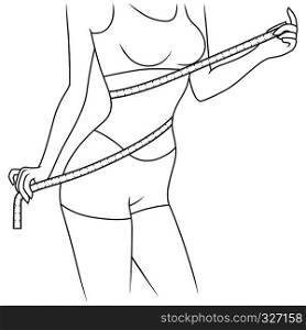 Slender girl with tape measure around her body showing what she is thin, outline vector artwork