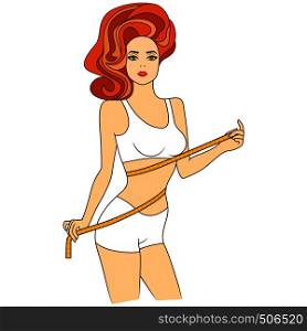 Slender girl with tape measure around her body showing what she is thin, colored vector illustration isolated on the white background