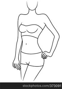 Slender graceful lady in underwear isolated on the white background, hand drawing vector outline