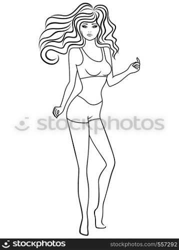 Slender graceful lady with hair in flow and in underwear isolated on the white background, hand drawing vector outline