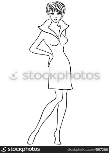 Slender graceful woman in dress with upturned large collar isolated on the white background, hand drawing vector outline