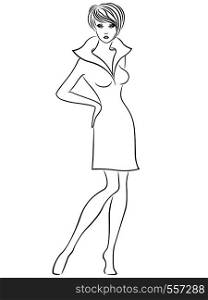Slender graceful woman in dress with upturned large collar isolated on the white background, hand drawing vector outline