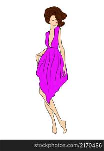 Slender graceful woman in pink sexy dress isolated on the white background, hand drawing vector outline