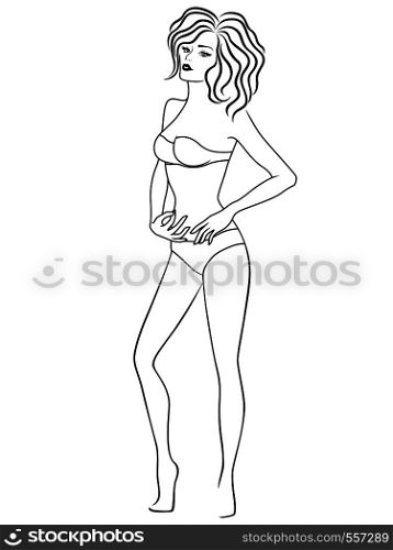 Slender graceful woman in underwear isolated on the white background, hand drawing vector outline