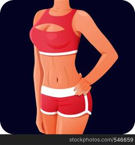 Slender sporty woman, fitness girl in pink sportswear, shorts icon for mobile apps, slim body, vector illustration. Slender sporty woman, fitness girl in sportswear icon