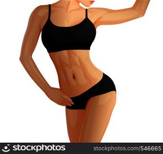 Slender sporty woman, fitness girl in pink sportswear, shorts icon for mobile apps, slim body, fitness woman in black sport top isolated on white, vector illustration. Slender sporty woman, fitness girl in sportswear