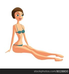 Slender woman dressed in green swimsuit is sitting. Isolated flat design illustration. The comic tall brunette on the beach in green bikini&#xA;