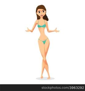 Slender woman dressed in green swimsuit is standing and spreads his arms. Isolated flat design illustration. The comic tall brunette on the beach in green bikini&#xA;