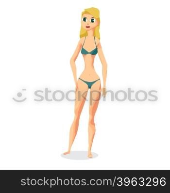 Slender woman dressed in green swimsuit is standing. Isolated flat design illustration. The comic tall blonde on the beach in green bikini&#xA;